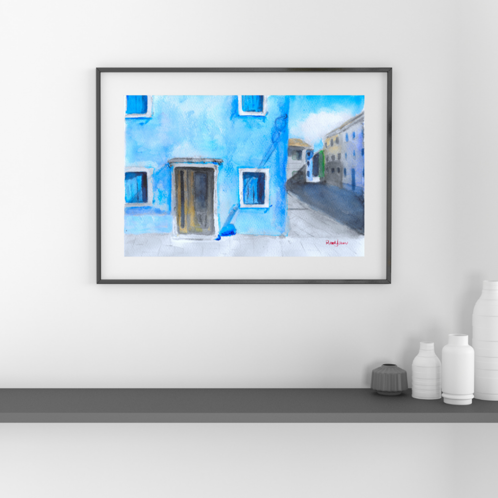 Burano blue house wall art, Burano wall art of the blue house at Burano in Venice